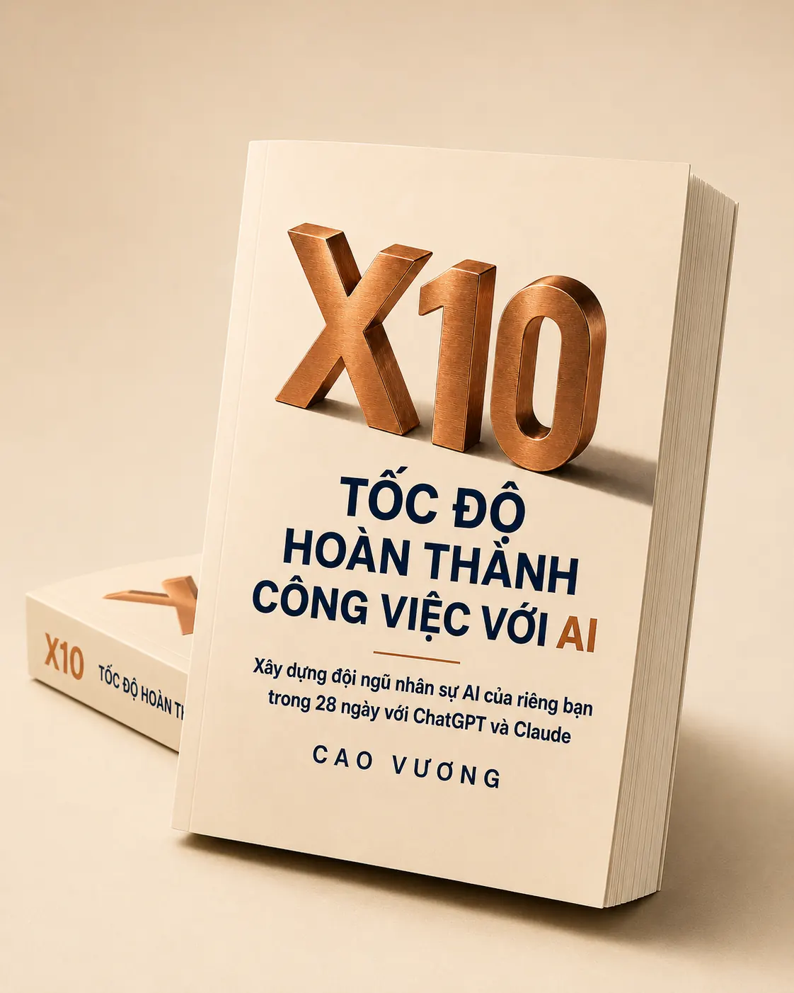Bìa sách in X10 — Tốc độ hoàn thành công việc với AI, chữ X10 dập nổi màu đồng, đặt nghiêng ba phần tư