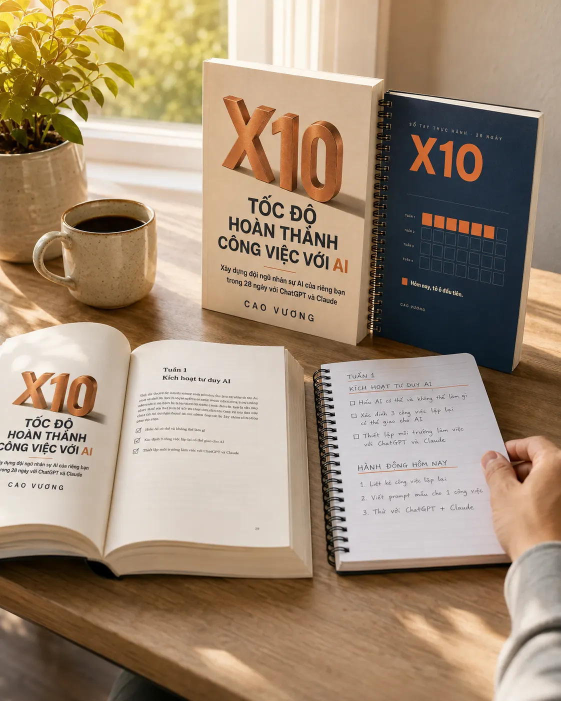 Sách X10 mở trên bàn làm việc bên cạnh sổ tay đã viết tay và tách cà phê
