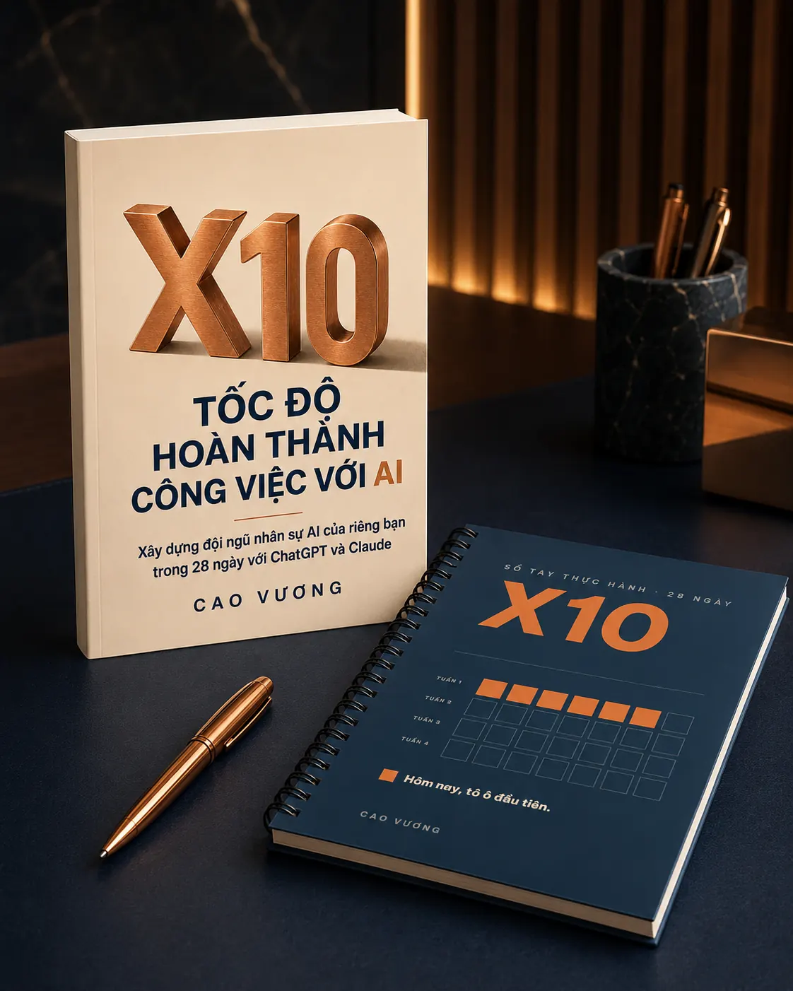 Bìa sách X10 và sổ tay thực hành lò xo đặt cạnh nhau trên bàn gỗ tối