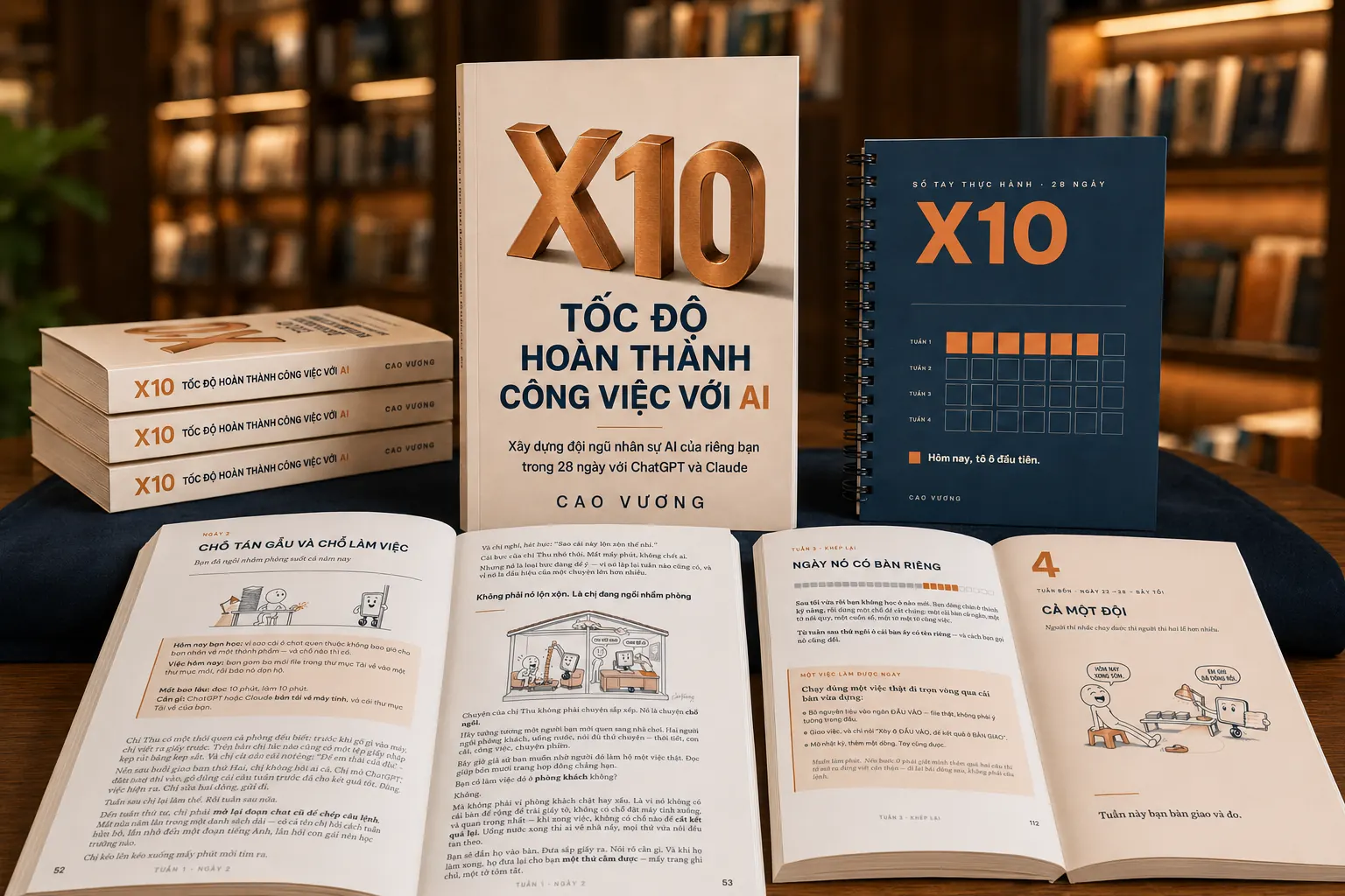Nhiều bản sách X10 của đợt in đầu tiên xếp trên kệ, một bản dựng đứng cùng sổ tay