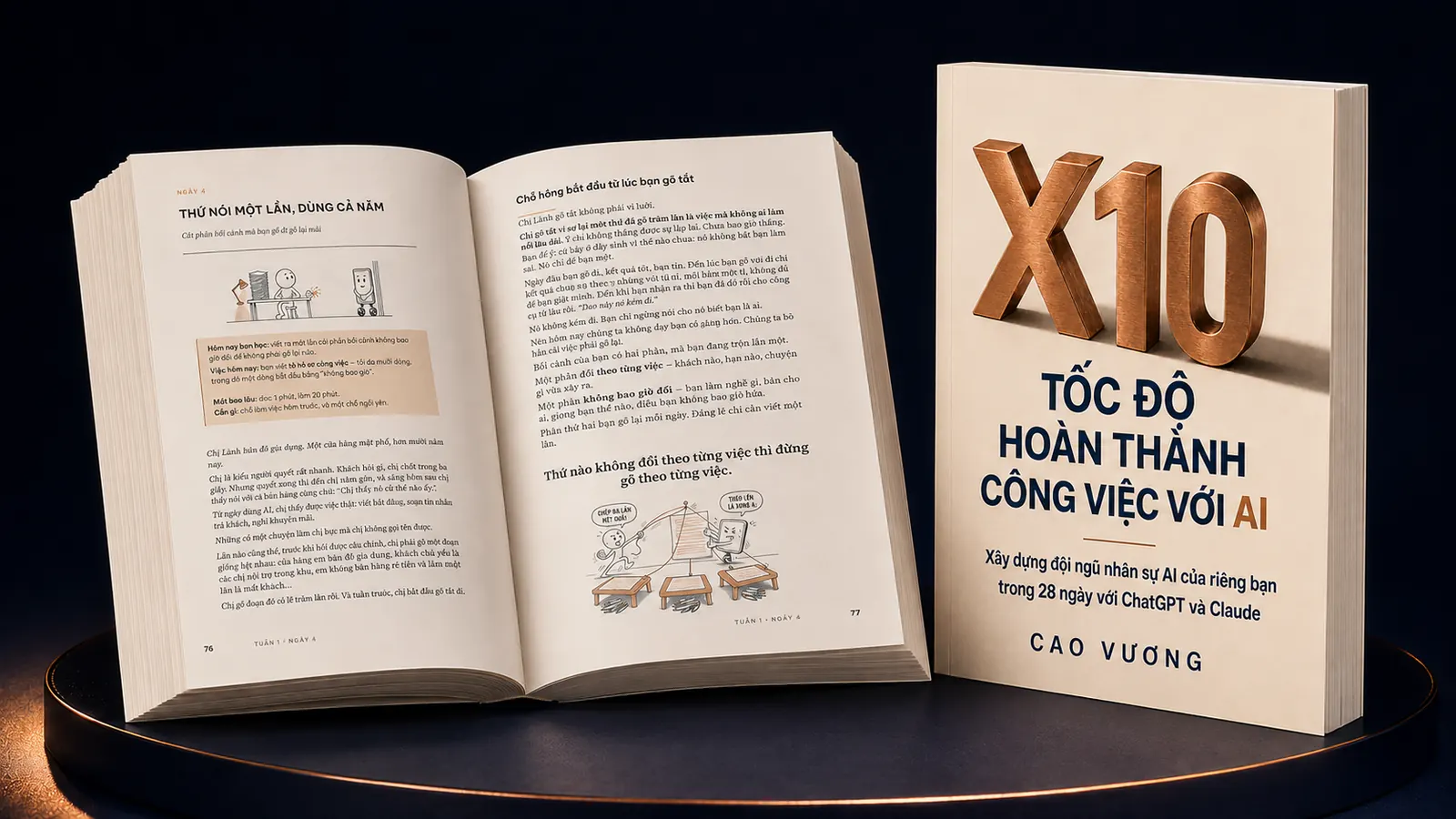 Trang ruột mở với sơ đồ nét, bìa sách dựng bên phải trên nền tối