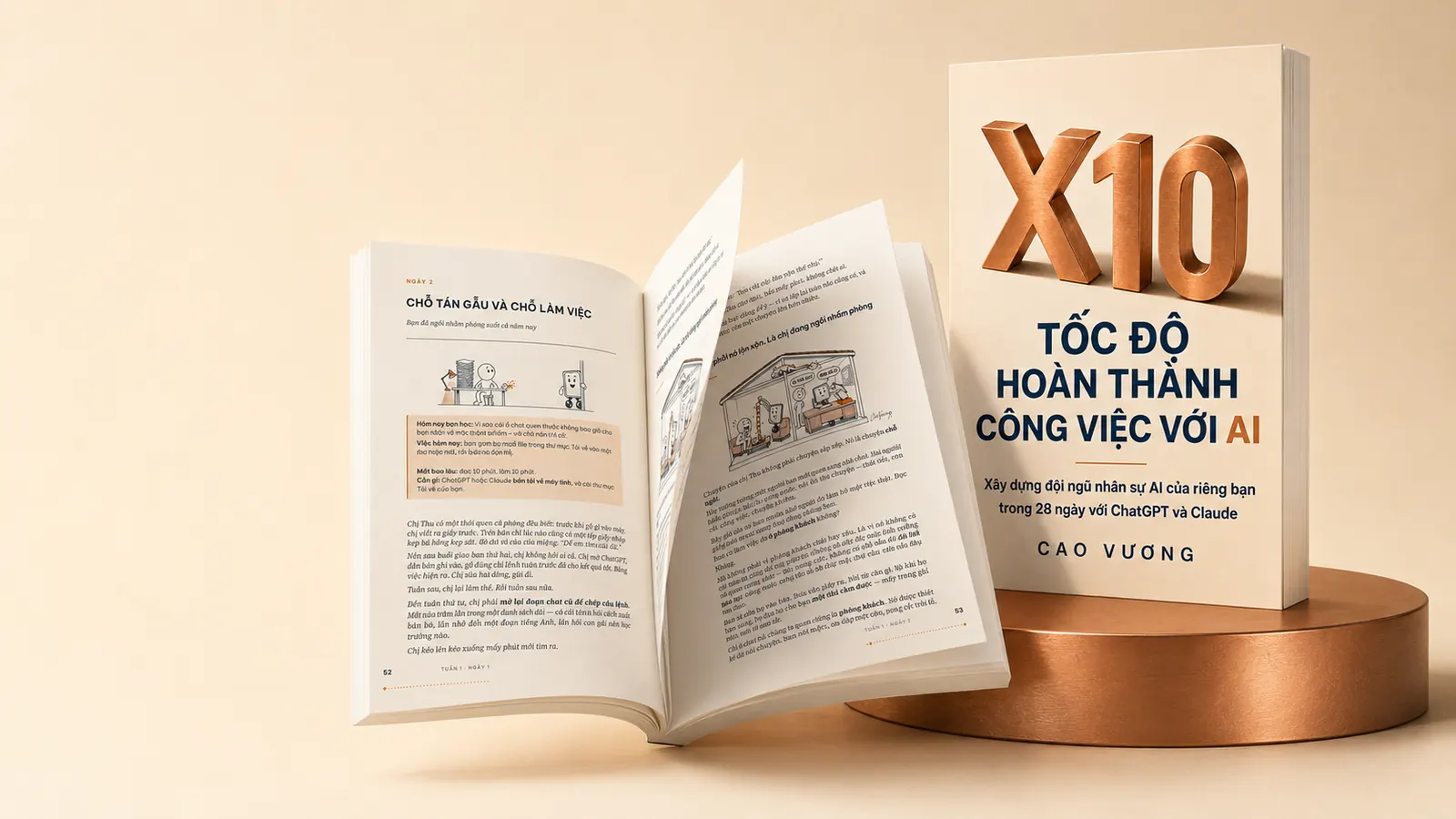 Sách mở hai trang ruột in hai màu, đặt cạnh bìa sách dựng đứng
